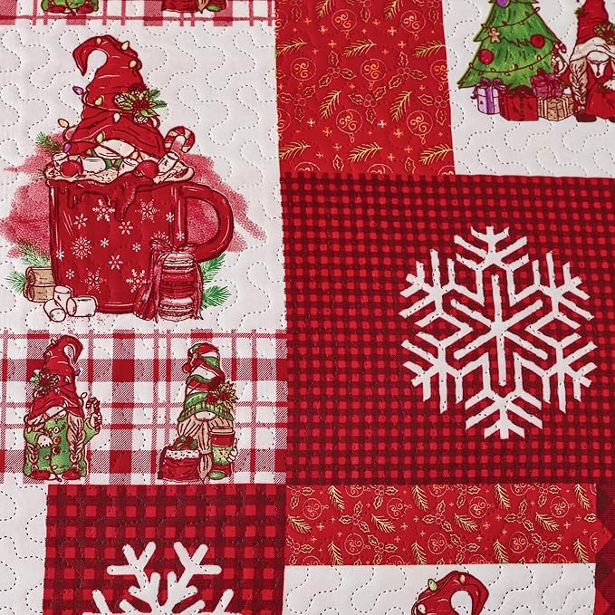 Cuddle Sofia Christmas Quilt Set: Twin Size, Red Plaid Gnome Christmas Decor, Lightweight Reversible Bedspread