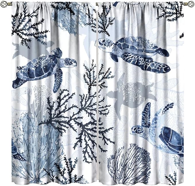 Coastal Nautical Curtains, Turtle Beach Sea Seashell Theme Pattern Blackout Print Home Bedroom Living Room Window Treatmen 2 Panel Set 52x84 Inch