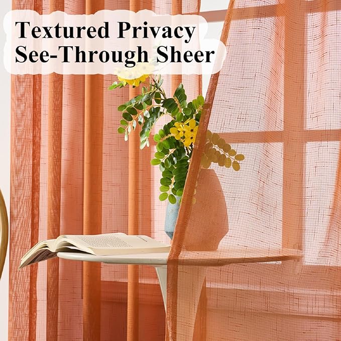 Burnt Orange Curtains Sheer 84 Inches Long, Rustic Linen Look Textured Light Filtering Drapes Decor, Western Boho Transparent Window Treatments, Pinch Pleat Curtain with Hooks