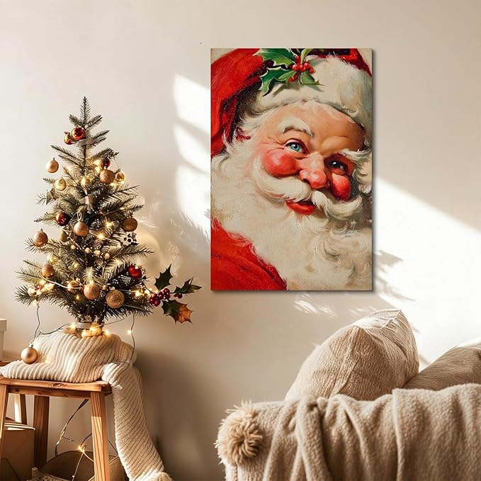 YONICA Christmas Canvas Wall Art Classic Santa 28x40 Inch Traditional Oil Painting Portrait - Large Framed Gallery Wrapped Living Room Art