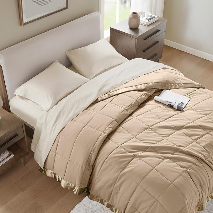 Madison Park Windom Down Alternative Blanket, Premium 3M Scotchgard Moisture Wicking Treatment, Lightweight and Soft Bed Cover For All Season, Satin Trim, Brown Full/Queen