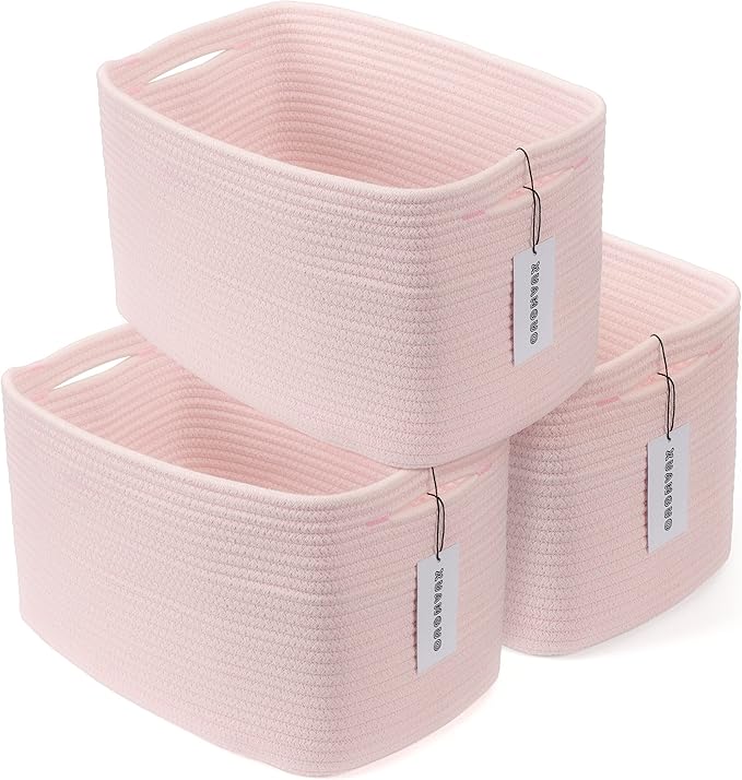 Cotton Rope storage Basket Bins Woven Basket for Organizing Shelves 14.5X9.5X9.3" Rectangle Decorative Baskets For storage Clothes Toys Books Towels Nursery basket organizer 3 pack light pink