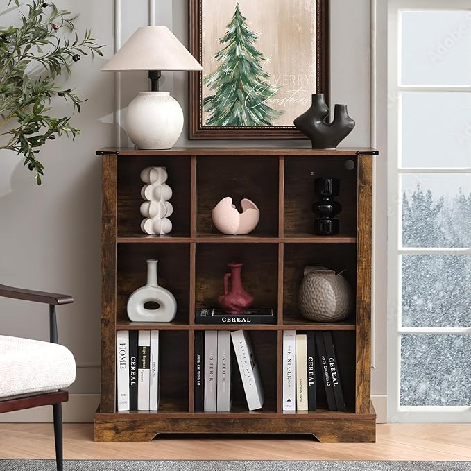 9 Cube Storage Organizer, Wood Cube Bookshelf with LED Lights, Horizontal Storage Cubes, Kids Bookshelf, Display Cabinet Cubby Shelf for Living Room Home Office Bedroom, Brown
