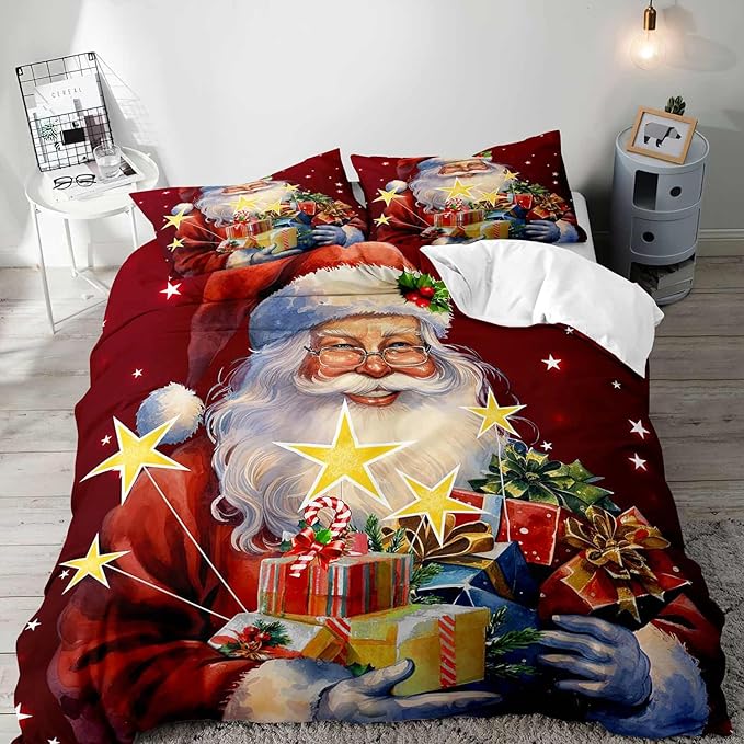LUVIVIHOME 3PCS Christmas Santa Duvet Cover Queen Bedding Sets, Boys Girls Kids Bedding, Winter Holiday New Year Xmas Gifts Red Christmas Comforter Bedspread Quilt Cover, Bed in a Bag, 2 Pillow Shams
