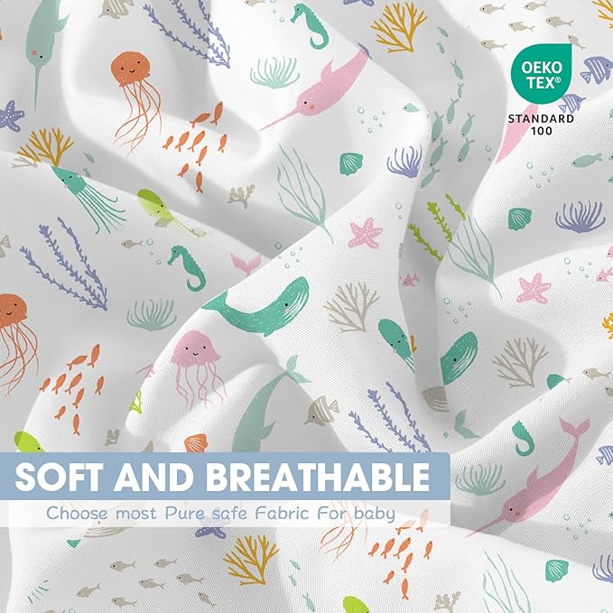 Little Grape Land Crib Sheets, 4-Pack Soft Microfiber Fitted Baby Sheets for Standard Crib and Toddler Mattress, 28x52x8inch, Secure & Breathable Bedding (Ocean World & Shell & Blue & Green)
