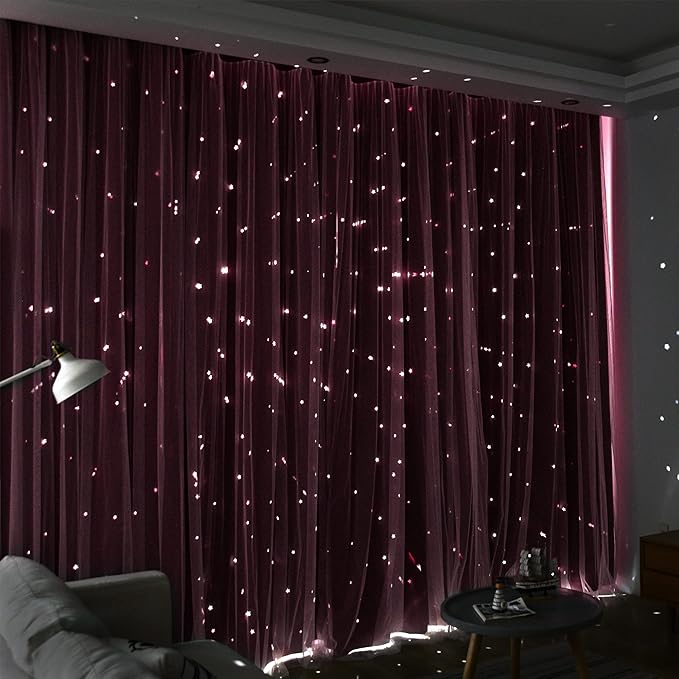 Kinryb Kids Blackout Curtains for Bedroom/Living Room/Classroom, Sheer Overlay 2 Free Tiebacks, Double Layer Curtains with Star Cutout for Kids Room(Each Piece W 70 x L 72 Inches 2 Pcs Red)