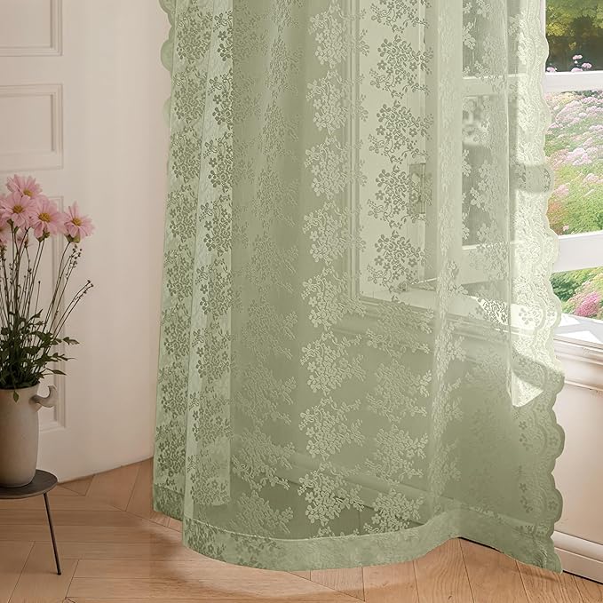 Anmao Vintage Lace Curtains 54 Inches Long 2 Panels Set, Romantic Elegant Light Filtering Semi Sheer Floral Thick Lacy Curtain Drapes for Living Room and Bedroom, Each Panel 55W x 54L, Dry Grass Green