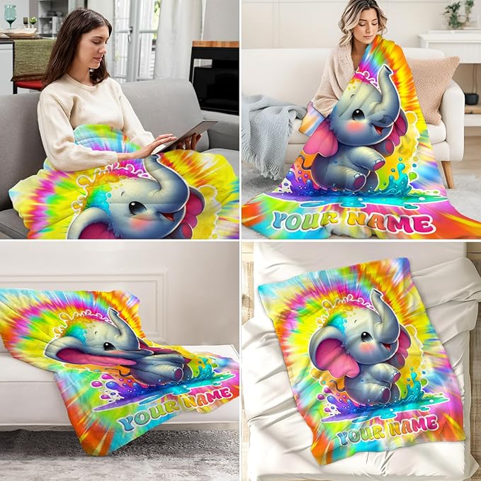 Personalized Blankets for Girls - 40" x 50" Inches Custom Elephant Throw Blankets Gifts - Soft Fuzzy Plush Throw for Couch, Bed