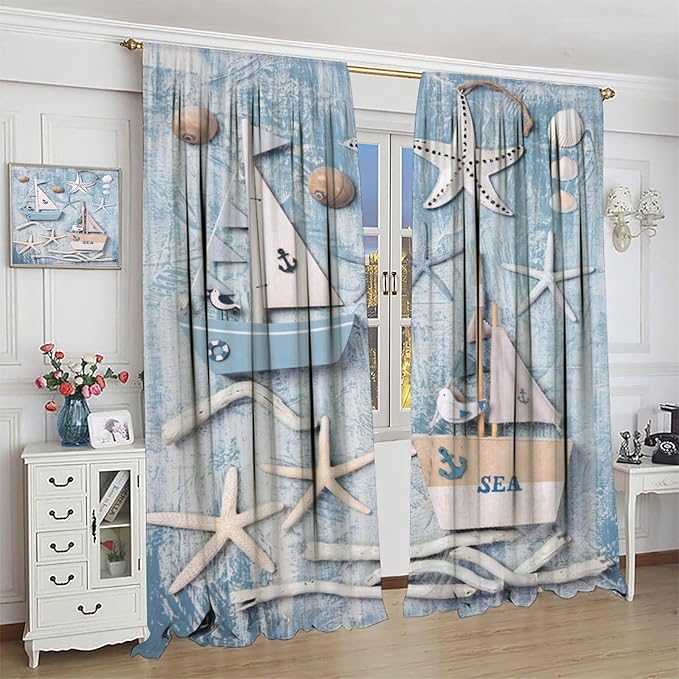 Nautical Curtain,Navy Anchor Sailing Map Starfish Seashells Bedroom Curtain,Waterproof Washable Fabric for Bedroom Decor Set 2 Panels,52x84 Inches