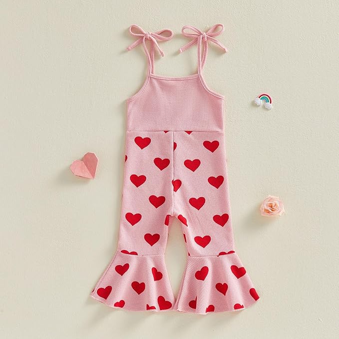Toddler Baby Girl Valentines Day Outfit Love Sleeveless Tie-up Suspender Romper Bell Bottom Pants Spring Jumpsuit