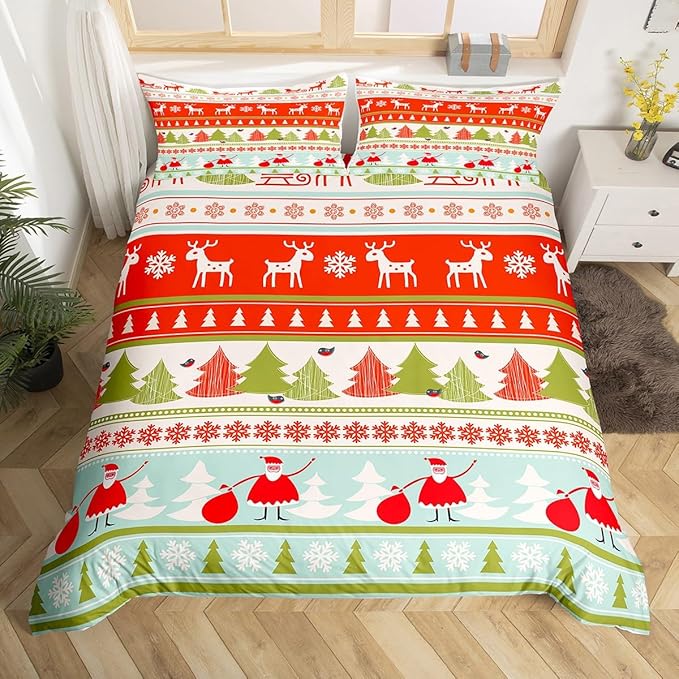 Manfei Xmas Duvet Cover Set Twin Size, Deer Snowflake Trees Santa Claus Comforter Cover with 1 Pillowcase, Christmas Theme Bedding Set 2pcs for Kids Boy Girls New Year Bedspread Cover,No Comforter