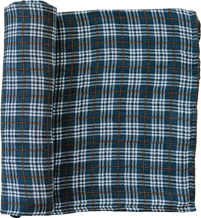 Mebie Baby Navy Plaid Muslin Cotton Swaddle Blanket, 47" x 47", Newborn to Toddler, Lightweight, Machine Washable