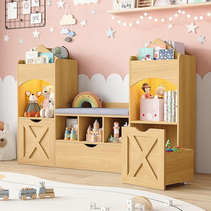 Vabches 54.3’’ Kids Bookshelf with Reading Nook, Toy Storage Organizer with Seat Cushion, LED Lights and 3 Movable Drawers, Castle-Shaped Bookcase with Bench for Playroom, Nursery, Bedroom (Natural)