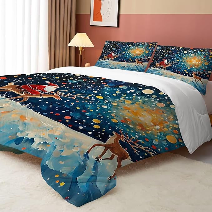 Christmas Comforter Set King: Blue Galaxy Bedding Twin Size for Kids Girls Bedroom Festival Santa Claus Deer Moon Quilt Set 1 Comforter & 1 Pillowcase