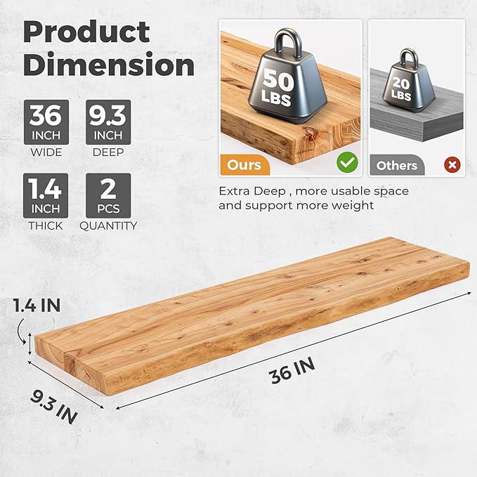 Live Edge Elm Floating Shelves For Wall - 36" W x 9.3" D Rustic Solid Wood Shelves with Invisible Bracket, Wall-Mounted Storage & Display Shelf for Living Room Bedroom Kitchen, Set of 2, Natural