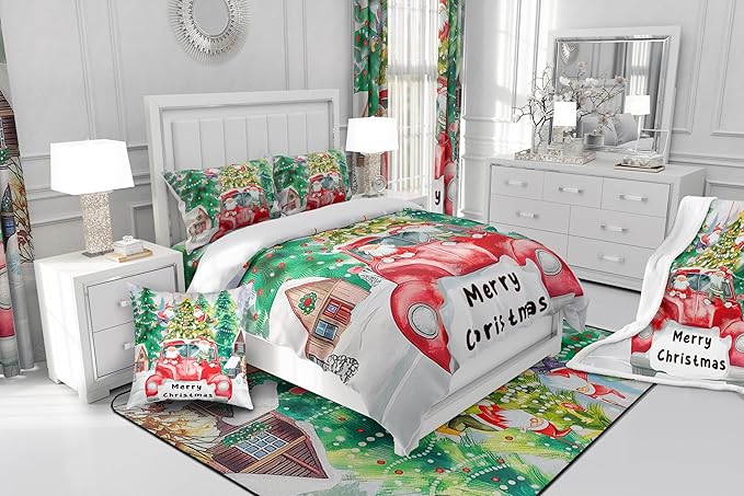 Christmas Tree Bedding Set Full Size,Red Truck Gnome Comforter Set for Kids Boys Girls Room Decor,Merry Christmas Polka Dot Cartoon Duvet Insert 3Pcs,Xmas Rustic Cabin Quilt Set,2 Pillowcases