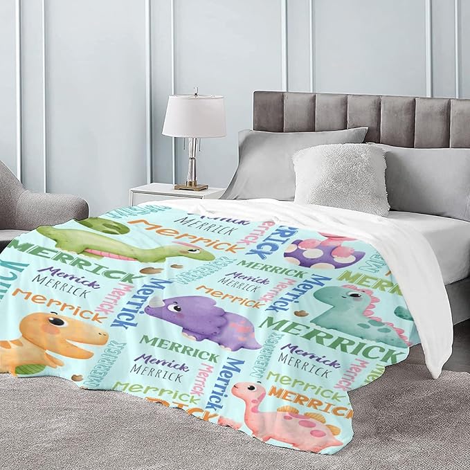 Dinosaur Lover Personalized Blanket with Custom Baby Dinosaur Custom Name Flannel Blanket Soft Throw Meaningful Gift for Toddlers Girls Boys Kids Pets 80 * 60" L for Adult