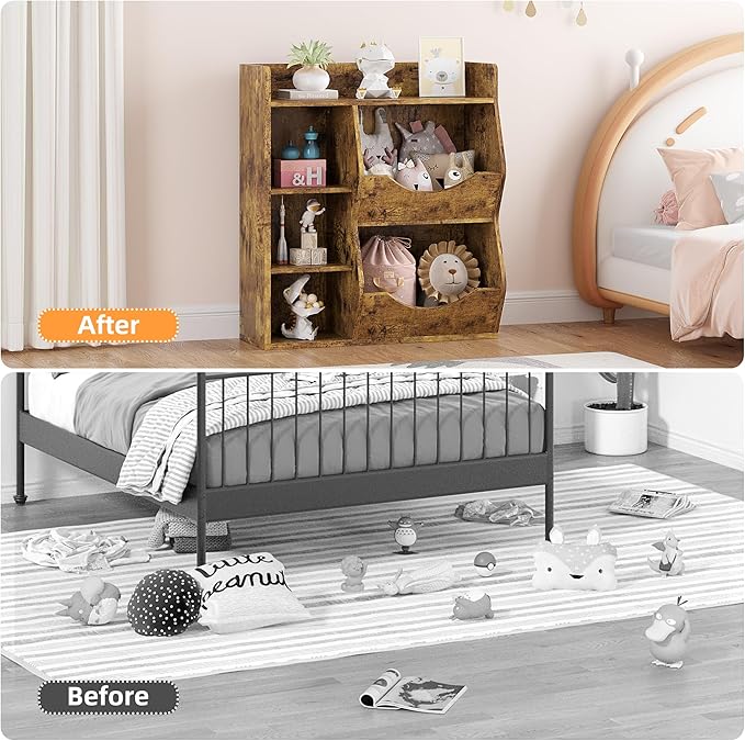 Kids Bookshelf, 32" 3-Tier Toy Storage Cabinet, Wooden Cube Storage Organizer with 5 Cubes and Spacious Top Shelf for Children's Room, Playroom, Hallway, Kindergarten, Bedroom, Playroom
