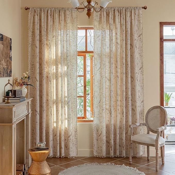 ENJOYBRIDAL Floral Curtains 63 Inch Long Farmhouse Semi Sheer Drapes Bird Patterned Short Rod Pocket 2 Panel Sets Window Curtains Boho Bedroom Living Room Botanical Decor Tassel Window Treatment