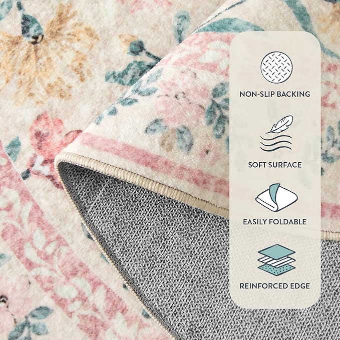Lahome Pink Washable Rugs for Bedroom Girls 6x9, Boho Floral Living Room Rugs Non-Slip, Soft Low-Pile Nursery Carpet for Dining Room Kids Dorm Decor, Blush