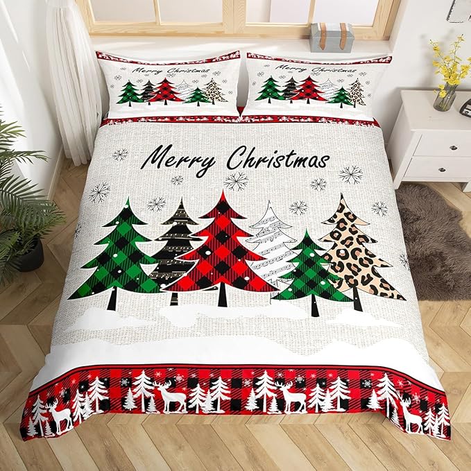 Manfei Xmas Trees Duvet Cover Set Twin Size, Merry Christmas Bedding Set 2pcs for Kids Boys Girls, Pine Trees Snowflake Deers Comforter Cover Soft Polyester Quilt Cover with 1 Pillowcase,No Comforter
