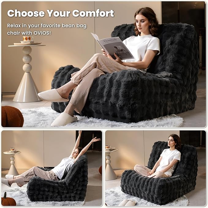 ovios Bean Bag Chair for Adult, Giant Beanbag with Plush Faux Fur, Comfy Large Big Lounger Floor Lazy Chair for Indoor Fireside Living Room Bedroom Dorm, Dark Grey