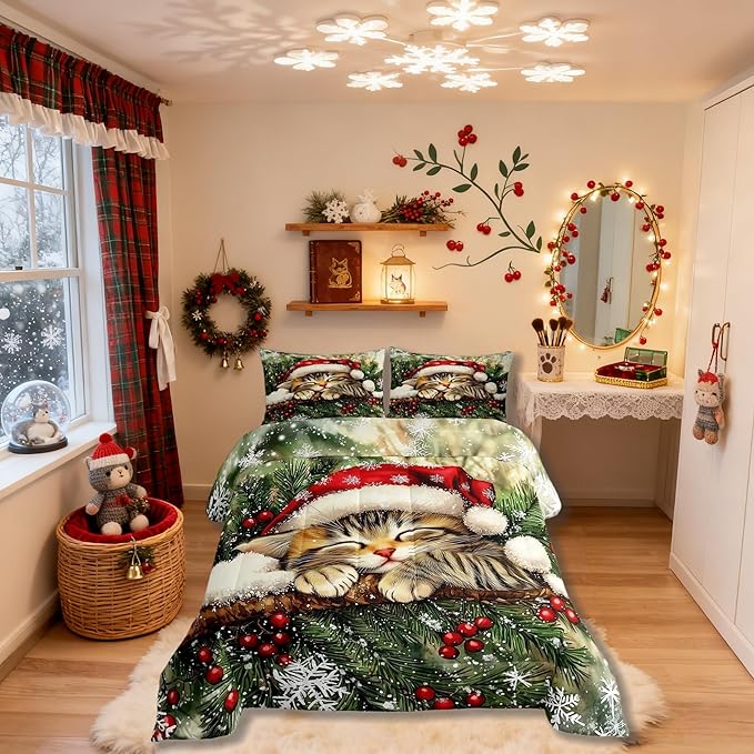 Xmas Cat Kid Comforter Set Twin Size,Snowflake Holly Berry Winter Bedding Set Boy Girl Room Decor,Christmas Poinsettia Animal Quilt Comforter,Green Yellow Duvet Set Bedroom Quilt Set,1 Pillowcase