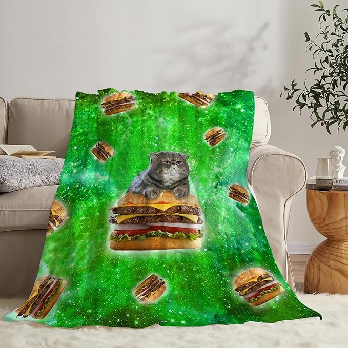 Tijuboni Hamburger Cat Throw Blanket Funny Cat Gifts for Girls Boys Women Men Kids Adults Soft Flannel Fleece Blanket for Couch Sofa Bed Home Decor 50"x60"