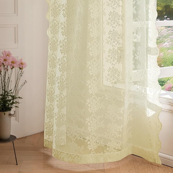Anmao Vintage Lace Curtains 54 Inches Long 2 Panels Set, Romantic Elegant Light Filtering Semi Sheer Floral Thick Lacy Curtain Drapes for Living Room and Bedroom, Each Panel 55W x 54L, Cream Yellow