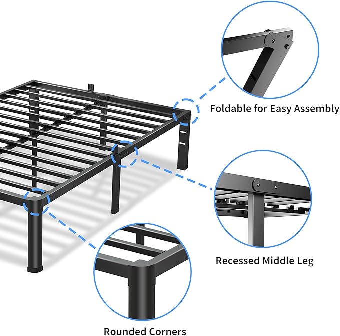 18 Inch Queen Bed Frame, 3500Lbs Heavy Duty Metal Platform with Round Corner Legs Mattress Slide Stopper, Steel Slat Support No Box Spring Needed, Noise Free, Non-Slip, Easy Assembly