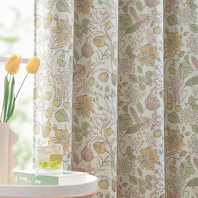jinchan Nursery Curtains 95% Blackout Yellow Floral Curtains for Girls Room, 96 Inch Length Farmhouse Drapes for Bedroom Living Room Darkening Window Treatment Fall Decor Grommet Top Set of 2 Panels
