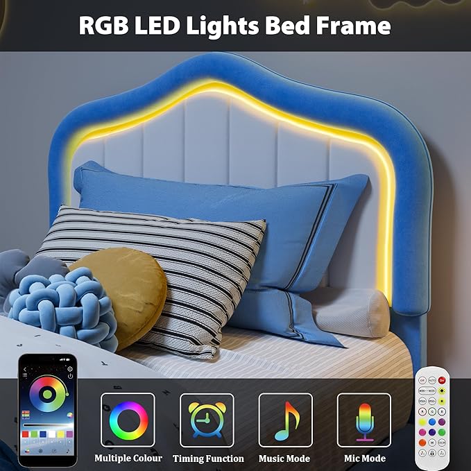 GarveeHome Twin Upholstered Bed Frame with Storage Drawer and Smart Led Headboard, Twin Size Platform Bed Frames for Kids, Wooden Slats Support, No Box Spring Needed, Easy Assembly, Blue
