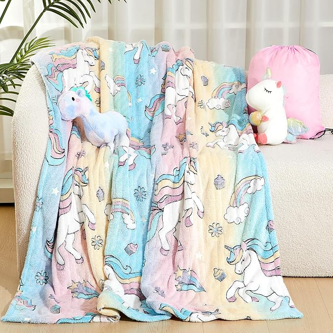 Kids Heated Blanket Glow in The Dark Unicorn Children Heating Blanket Girls Boys 50"x60" Electric Throw with 10 Heating Levels & 8 Hours Auto Off Etl Certified Machine Washable