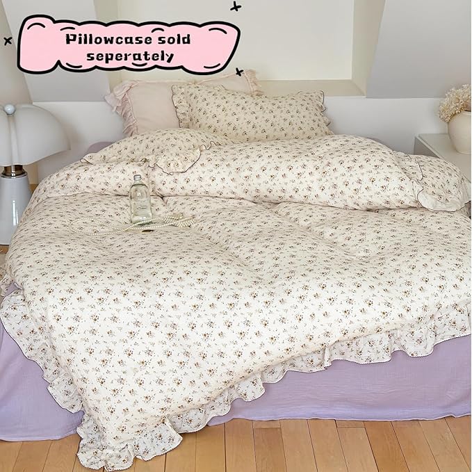 BuLuTu Muslin Cotton Kids Duvet Cover Twin Size, 68"x86", Shabby Chic Crape Flower Design Girls Quilt Cover Vintage Princess Style Bedding Ruffled Comforter Cover Floral Print, No Pillowcase