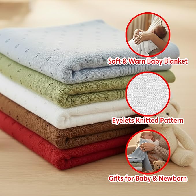 Baby Knit Blanket, 100% Cotton Eyelet Patterns, Soft, Cozy, Lightweight Swaddle for Newborn & Infant Swaddling Beige Neutral, Perfect Baby Shower Ideas White 28x36
