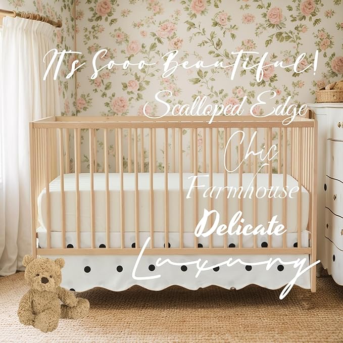 Brandream Scallop Edge Cotton Crib Skirt Toddler Bedskirt Baby Nursery Crib Bed Skirt Boho Bohemian Neutral Solid Color Cream Off White Farmhouse Chic Black Polka Dots Skirt