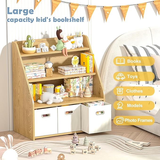 Kids Bookshelf and Toy Organizer, Wooden Kids Bookcase, Toddler Montessori Bookshelf with 3 Movable Drawers, Toy Storage Organizer for Child's Room, Living Room, Nursery