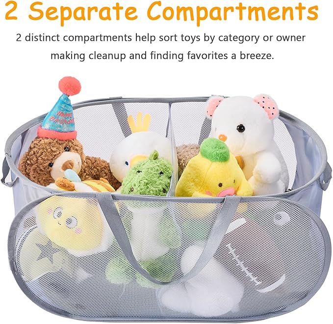 Large Toys Storage Basket Organizer Box for Kids, Boys, Girls - Foldable Toy Storage Bins with Dividers & 2 Sturdy Handles for Living Room, Bedroom, Playroom, Kidsroom (Grey, 2 Compartments)