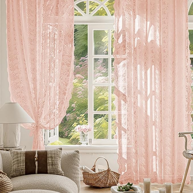 Anmao Vintage Lace Curtains 54 Inches Long 2 Panels Set, Romantic Elegant Light Filtering Semi Sheer Floral Thick Lacy Curtain Drapes for Living Room and Bedroom, Each Panel 55W x 54L, Blush Pink