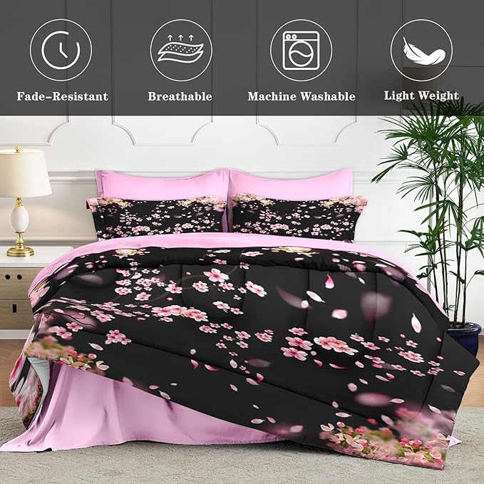 7 Pcs King Size Comforter Set with 2 Pillowcases & 2 Shams, Tree Flower Floral Bedding for Kids and Adults, Pink Cherry Blossom Bed in a Bag with Flat Fitted Sheet