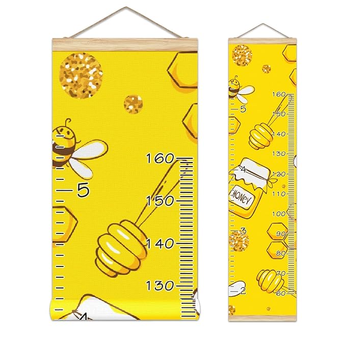 Personalized Kids Name Growth Chart Ruler for Wall Wood Frame Height Measure Chart 13.4x56 in Linen Hanging Height Growth Chart Yellow Cute Bees Pattern Kids Room Decor