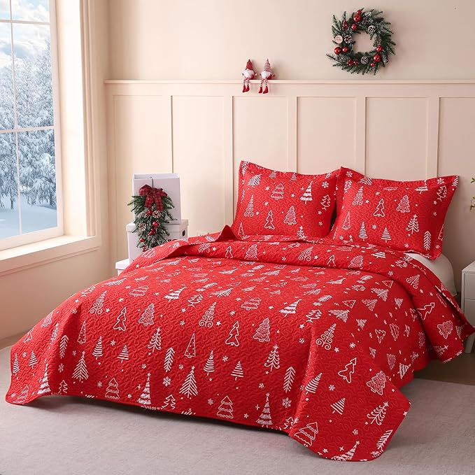 JSD 2 Pcs Kids Christmas Quilt Set Twin Size, Red Christmas Tree Bedding, Soft Microfiber Bedspread Coverlet Holiday Quilted Blanket
