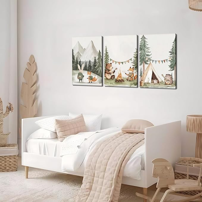 AKWISH Nursery Woodland Animals Canvas Wall Art, Cute brave Bear Fox Rabbit Hedgehog Nursery Wall Decor, Framed Wildlife Camping Picture Prints for Kids Room Baby Bedroom – 16x24in