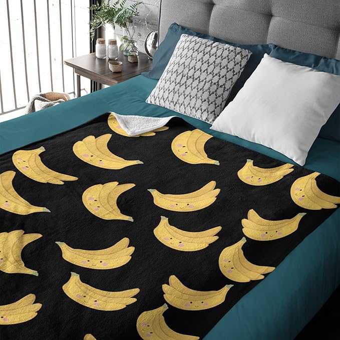 Thuswarm Cute Banana Kawaii Black Flannel Throw Blanket Warm Cozy Soft Funny Print Blankets for Bed Couch Sofa Room Decoration Gifts 80”×60” Large for Adult