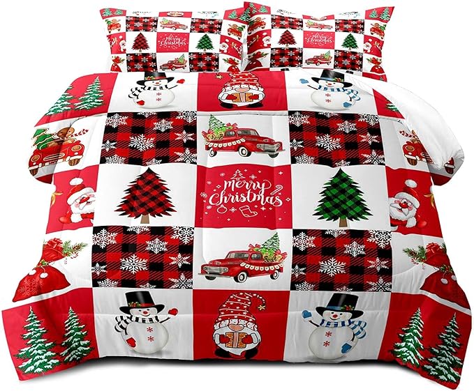 LUVIVIHOME 3PCS Merry Christmas Comforter Set Full Size, Cartoon Cute Funny Santa Claus Snowman Gnome Truck White Red Black Plaid Bedding, Snowflake Xmas Tree Christmas Bedroom Decor, 2 Pillow Shams