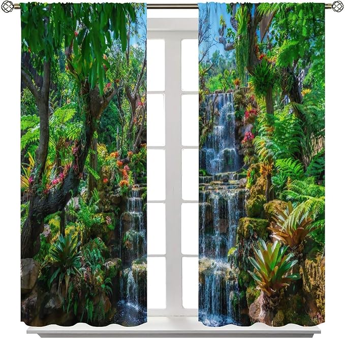 Waterfall Blackout Window Curtains, Spring Forest Nature Landscape Theme Pattern Print Window Drapes, for Living Room Bedroom 42x54in 2 Panels