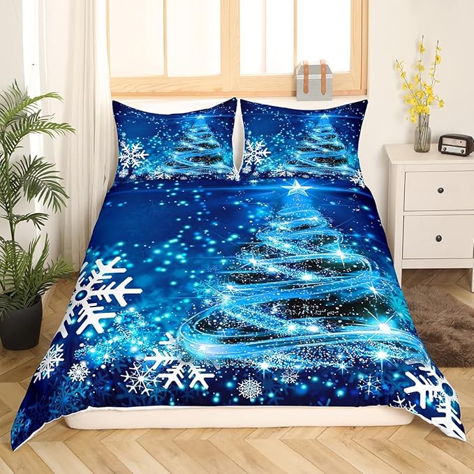 Manfei Blue Xmas Tree Duvet Cover Set Twin Size, White Snowflake Print Comforter Cover with 1 Pillowcase, Christmas Theme Bedding Set 2pcs for Kids Boys Girls Bedroom Decor,No Comforter