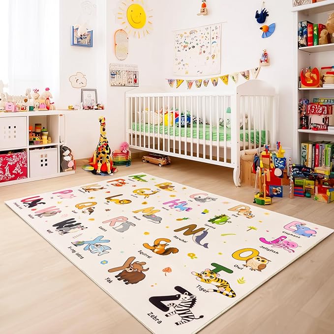 Kids Rugs for Playroom, 3x4 Feet Educational Rug for Learn The ABC Alphabet, Soft Machine Washable Non-Slip Cute Cartoon Animals Carpet for Classroom Toddler Nursery Kids Room Decor, Beige
