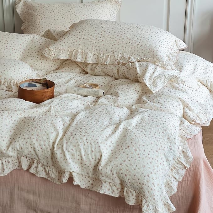 BuLuTu Chic Shabby Vintage Floral Duvet Cover Twin for Kids Girls Boys 100% Cotton Muslin Ruffled Quilt Cover Twin, 68"x86", Pink Floral Print, Soft Breathable, Zipper Closure, No Pillowcase