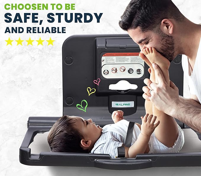 Alpine Wall Mounted Baby Changing Station 2 Pack - Horizontal Baby Changing Table Foldable Diaper Tables with Safety Strap for Commercial Bathroom, ADA Complaint (Hardware Included) Black